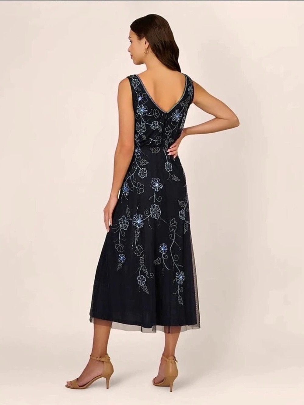 Adrianna Papell Sleeveless Beaded Blouson Midi Dress In Midnight Multi - Size 8 - Picture 3 of 8